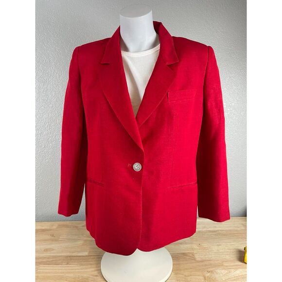 Collectible Gold Women's Size 10 Red Suit Blazer Boyfriend 1-Button Linen Blend - Picture 1 of 7